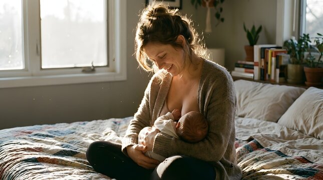 Authentic and unedited look of a mother nursing her infant baby on a bed