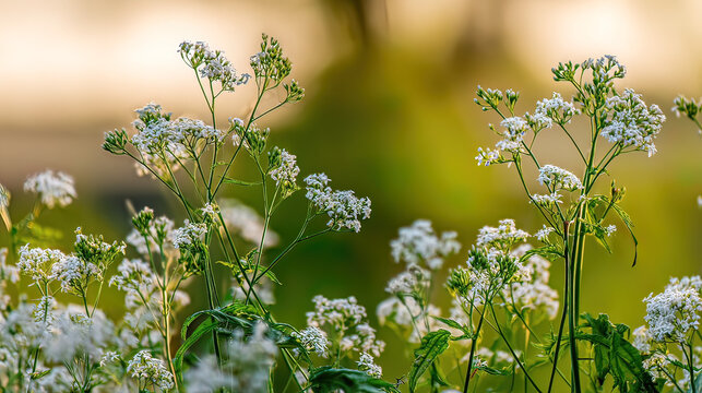 valerian. White valerian flowers swaying softly during golden hour in a botanical setting. gardening catalogs, home-decor guides, designed for home decor and floral branding, promotes healthy living.
