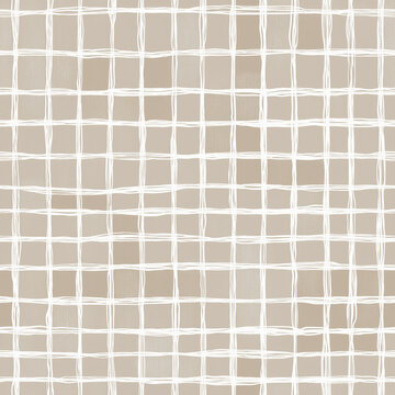 Seamless neutral hand drawn grid pattern with irregular white lines on beige background, minimalist check texture for textile or wallpaper design