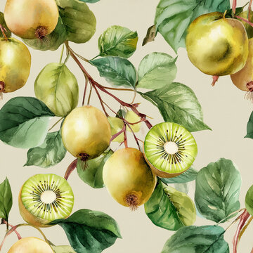 Seamless watercolor pear and kiwi fruit pattern with yellow fruits, green leaves and soft botanical style for textile or wallpaper design