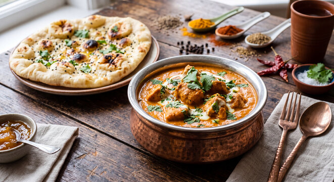 Authentic Butter Chicken with Fresh Naan Bread Served in Traditional Copper Bowl