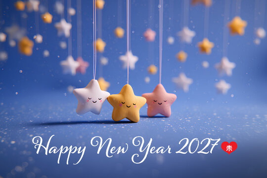 Happy New Year 2027 未年 星のキャラクター 年賀状イラスト
