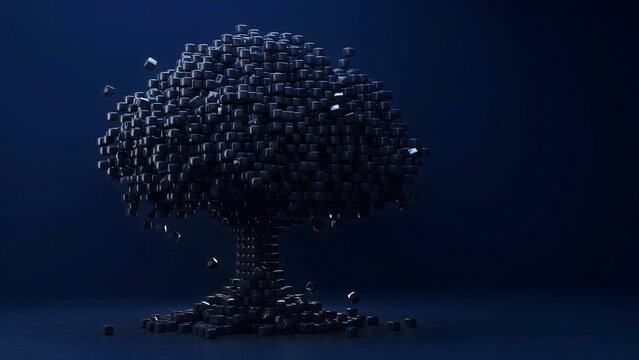 Navy backdrop with black cubes forming a large tree &ndash; Ideal for strategic accumulation, structural transformation, or corporate positioning.