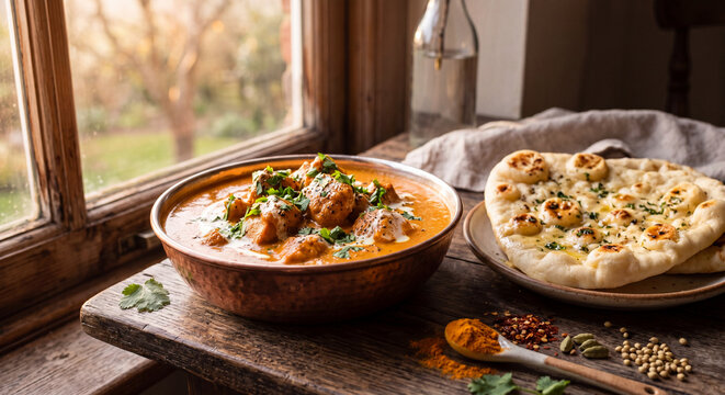 Authentic Butter Chicken with Fresh Naan Bread Served in Traditional Copper Bowl