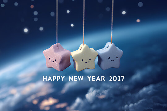 Happy New Year 2027 未年 星のキャラクター 年賀状イラスト
