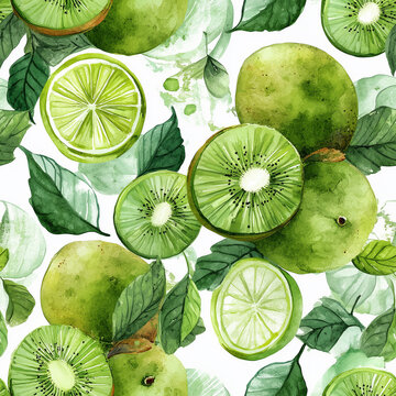 Seamless watercolor lime and kiwi fruit pattern with green citrus slices, leaves and fresh tropical botanical style for textile or wallpaper design