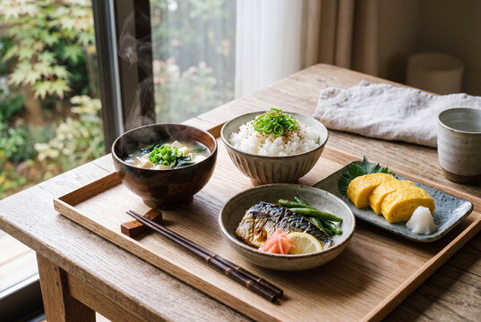 Traditional Japanese Breakfast with Miso Soup, Tamagoyaki and Steamed Rice on Wooden Tray in Natural Morning Light