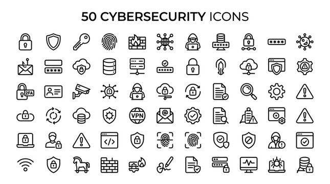 Comprehensive Set of Minimal Cybersecurity Vector Icons for Digital Security, Network Protection, and Data Privacy