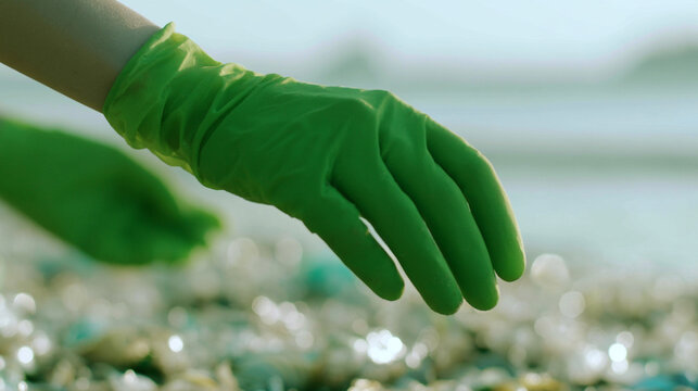 Gloved hand reaching down to pick up small plastic debris on beach
