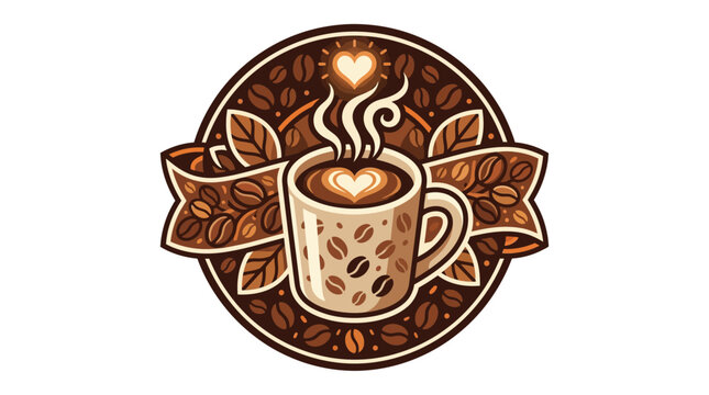 A stylized coffee cup emblem featuring heart shaped steam and coffee bean patterns.