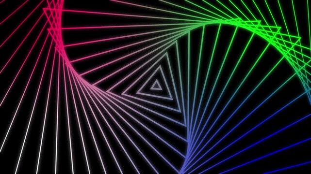 Neon geometric triangle patterns create a striking symmetrical optical illusion art piece for digital and abstract design projects.