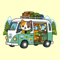 Fototapeta premium Cute cat road trip with camper van