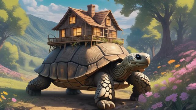 Giant tortoise carries wooden cabin through lush landscape