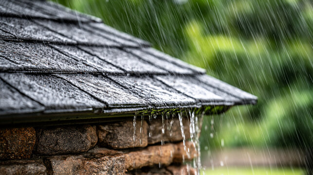 Heavy rain falling from residential roof gutter during intense seasonal summer storm

