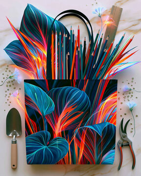 Botanical Tote Bag with Art Supplies on White Marble Flat Lay