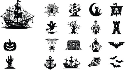 Halloween Silhouettes Pirate Ship Spiders Skeletons And Other Gothic Elements © Joinal
