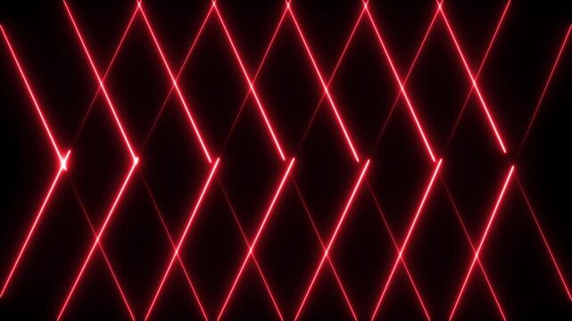Red neon laser light grid motion background, abstract glowing geometric diamond pattern