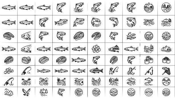 Salmon Fish Outline Icons Collection Editable Stroke Seafood Vector Set