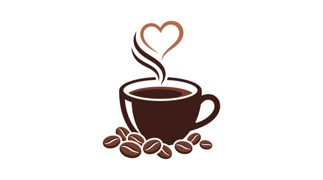 A stylized coffee cup illustration featuring a heart shaped steam swirl and coffee beans.