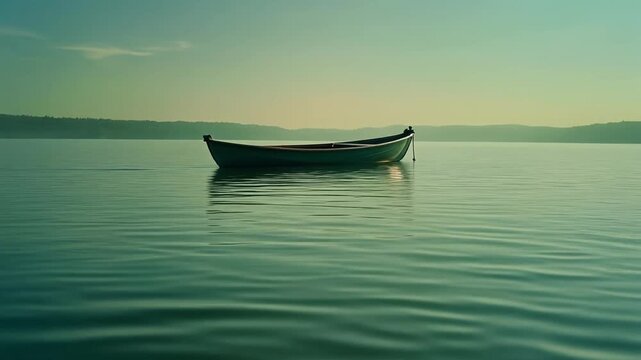 A solitary small wooden boat floating on the calm surface of a quiet lake at dawn.