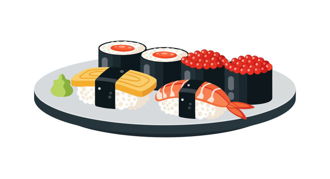 Vector illustration of sushi assortment with tamago nigiri, ebi shrimp, salmon roe gunkan maki, and tuna rolls on a plate with wasabi garnish, isolated on white background for food design.