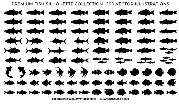 fish, silhouette, fishing, marine, aquatic, seafood, salmon, trout, bass, tuna, carp, catfish, pike, snapper, cod, mackerel, koi, wildlife, nature, logo, emblem, icon, black, isolated, vector, collect