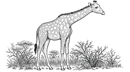 Vintage giraffe engraving in African savanna landscape, hand-drawn wildlife vector illustration, black and white safari animal sketch for coloring book © chouadhrynuman