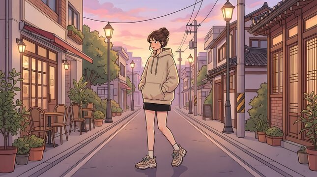 Anime style 2D illustration of a young woman walking on a quiet sunset street.