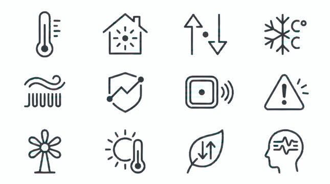 Collection of weather and technology icons in line art style.