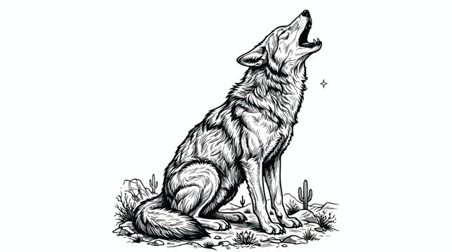 Vintage howling wolf vector illustration, hand drawn black and white coyote sketch, rustic wilderness animal engraving for outdoor apparel