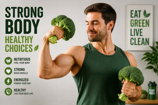 Athletic man flexes with broccoli, showing strength and health. He smiles, proud of his physique and green choices. Bold text promotes fitness, nutrition, and vibrant living