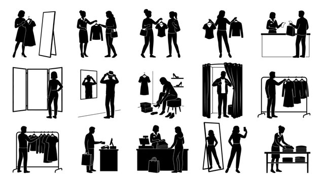 Shopping clothing store silhouettes showing customers trying on apparel and buying clothes | Retail fashion graphic vector icon set