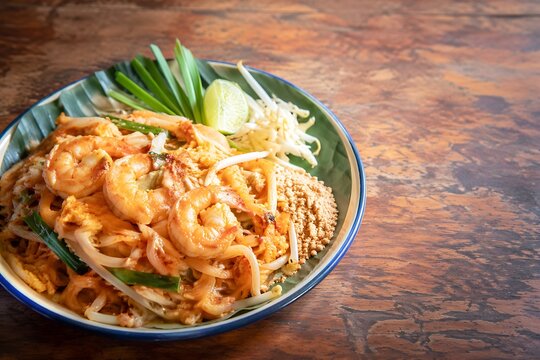 Delicious Shrimp Pad Thai Served with Peanuts, Chives and Chili Flakes