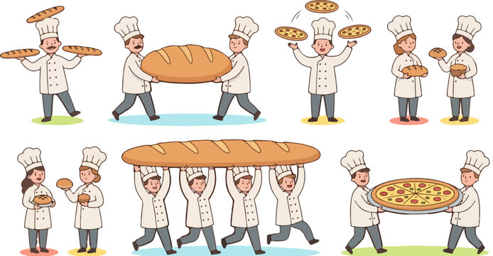 Stylized stick figures performing various collaborative office and teamwork activities vector