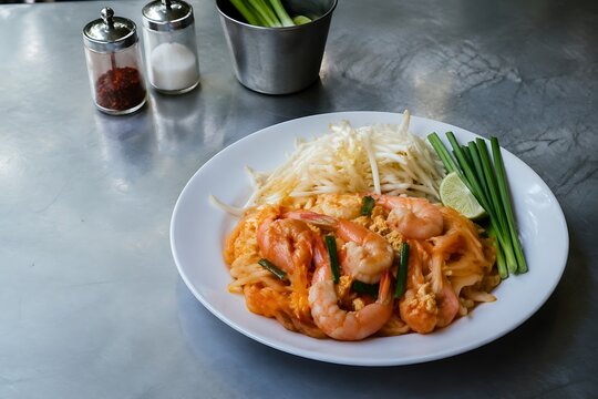 Authentic Pad Thai Noodles with Shrimp, Egg and Bean Sprouts on White Plate