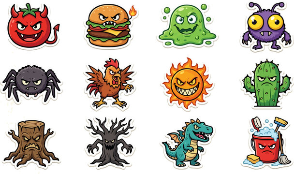 Colorful set of twelve cute pixel art monster vector characters