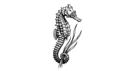 Vintage seahorse engraving vector, antique marine life illustration, black and white nautical sketch, detailed sea horse drawing for logo design © chouadhrynuman