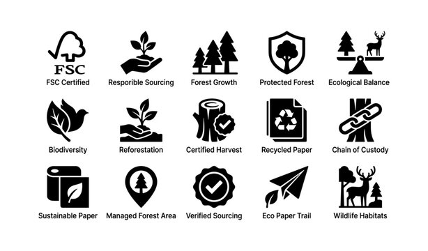 Forest and sustainable sourcing icons for paper and habitat on white