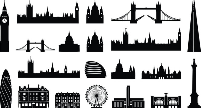 London Skyline and Landmark Silhouette Vector Set Featuring Big Ben Tower Bridge Westminster Palace and Famous British Architecture Icons for UK Travel Graphic Designs
