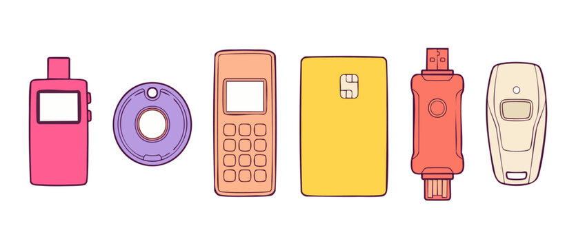Security hardware tokens for multifactor authentication and data protection. Flat vector illustration of MFA devices, USB security key, smart card, and OTP token hardware isolated on white background.