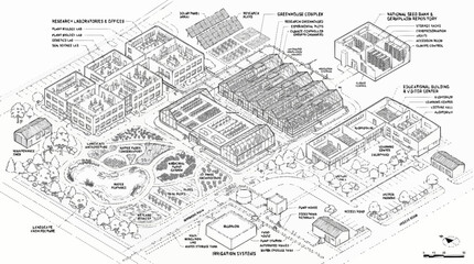 Fototapeta premium Detailed illustration of a large industrial complex with various buildings and machinery in an urban landscape setting.