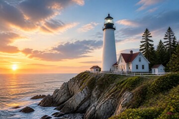 Fototapeta premium Sunset glows warmly over ocean waves. Lighthouse stands tall on rocky cliff edge. White tower, red-roofed house, and pine trees frame scene. Sky bursts with orange, purple, and soft blue hues