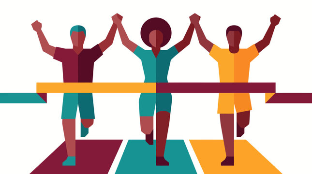 Three people crossing finish line together.