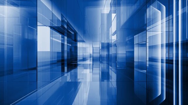 Blue light refracting on glass panels animation. Abstract motion background