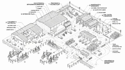 Fototapeta premium A detailed illustration of a large industrial complex with various buildings, vehicles, and people in an outdoor setting with many labeled components and sections.