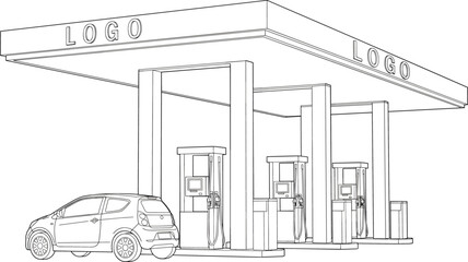 Isometric gas station outline vector illustration with fuel pumps canopy car isolated on white background © Mominul
