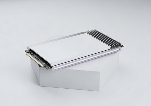High Performance NVMe M.2 SSD with Aluminum Heatsink on White Podium