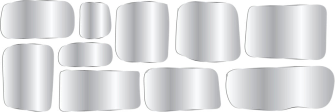 Set of metallic silver banners, glossy chrome labels, shiny steel plates, rounded rectangular frames, vector illustration