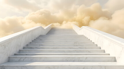 Fototapeta premium Stairway to heaven, marble staircase leading up to the clouds, conceptual background of success, spiritual journey, or afterlife