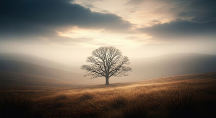 Fototapeta premium Solitary bare tree standing in middle of vast grassy landscape under dramatic cloudy sunset sky ethereal wilderness horizon atmosphere nature.